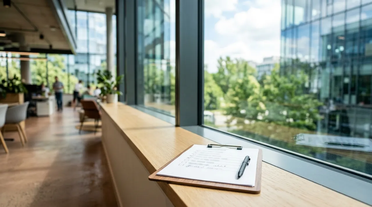 Post construction cleaning checklist on a clipboard in a finished commercial interior