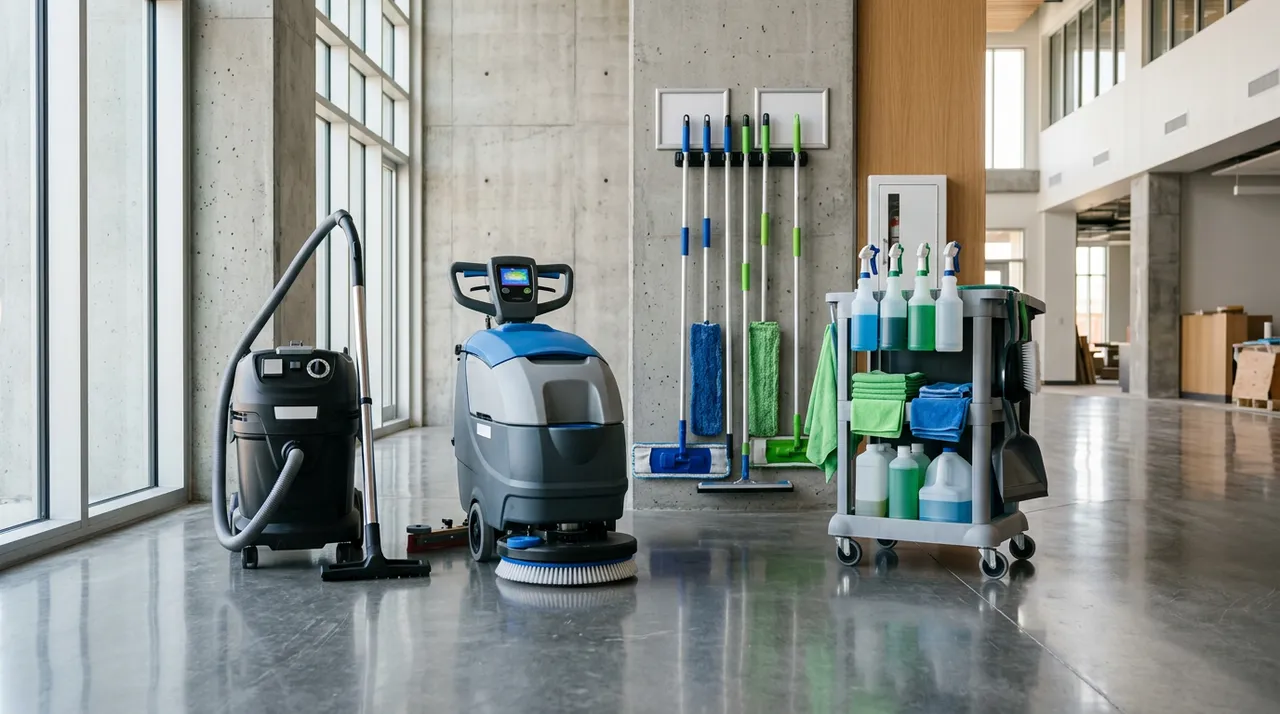 Post construction cleaning equipment including HEPA vacuum and microfiber tools in a new build