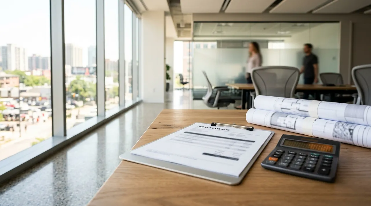 Post construction cleaning cost estimate on a clipboard in a newly built commercial office