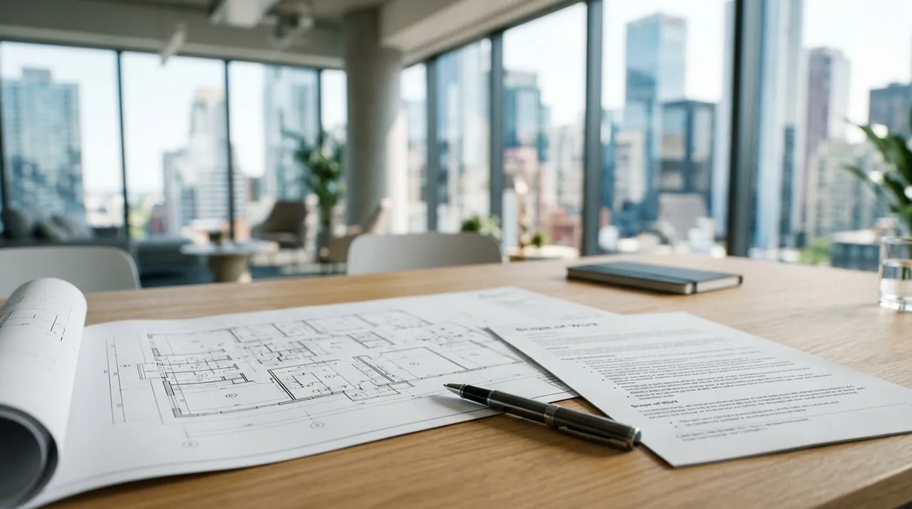 Post construction cleaning scope of work document on a desk in a new commercial space