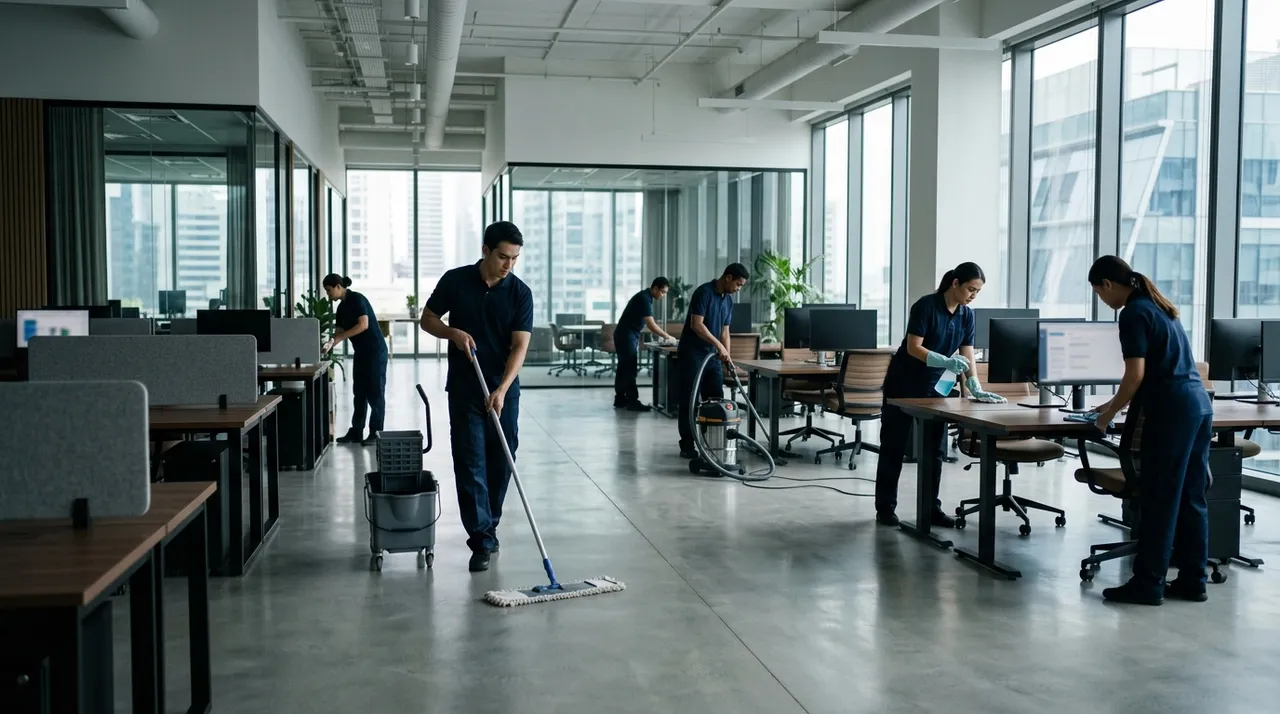 Post construction cleaning crew working against a handover timeline in a new commercial building